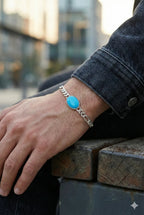 925 Italian Silver Figaro Bracelet with Blue Oval Resin Stone