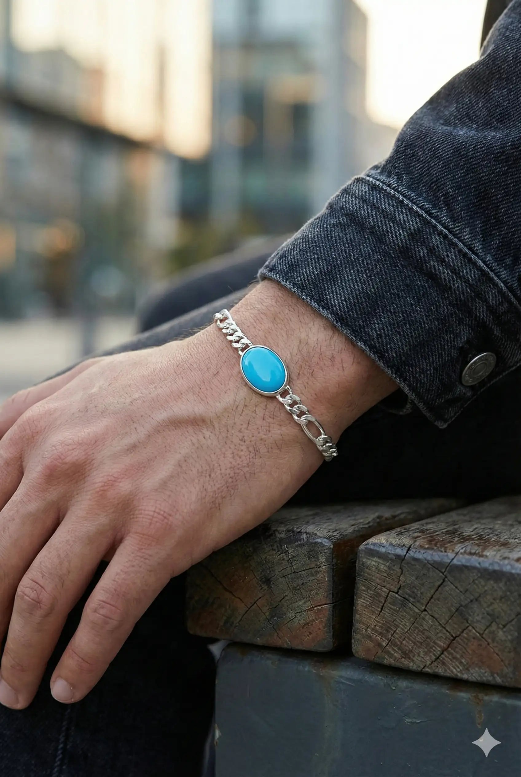 925 Italian Silver Figaro Bracelet with Blue Oval Resin Stone
