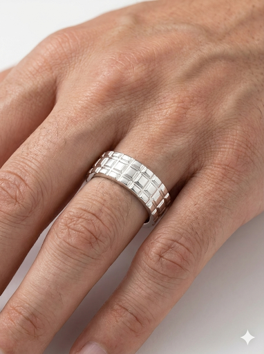 Bold 925 Italian Silver Brick Pattern Band Ring