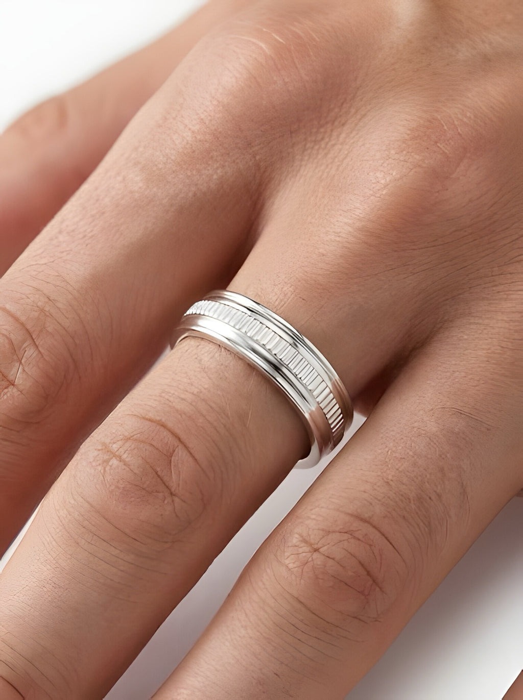 Timeless 925 Italian Silver Band Ring with Textured Center Detai