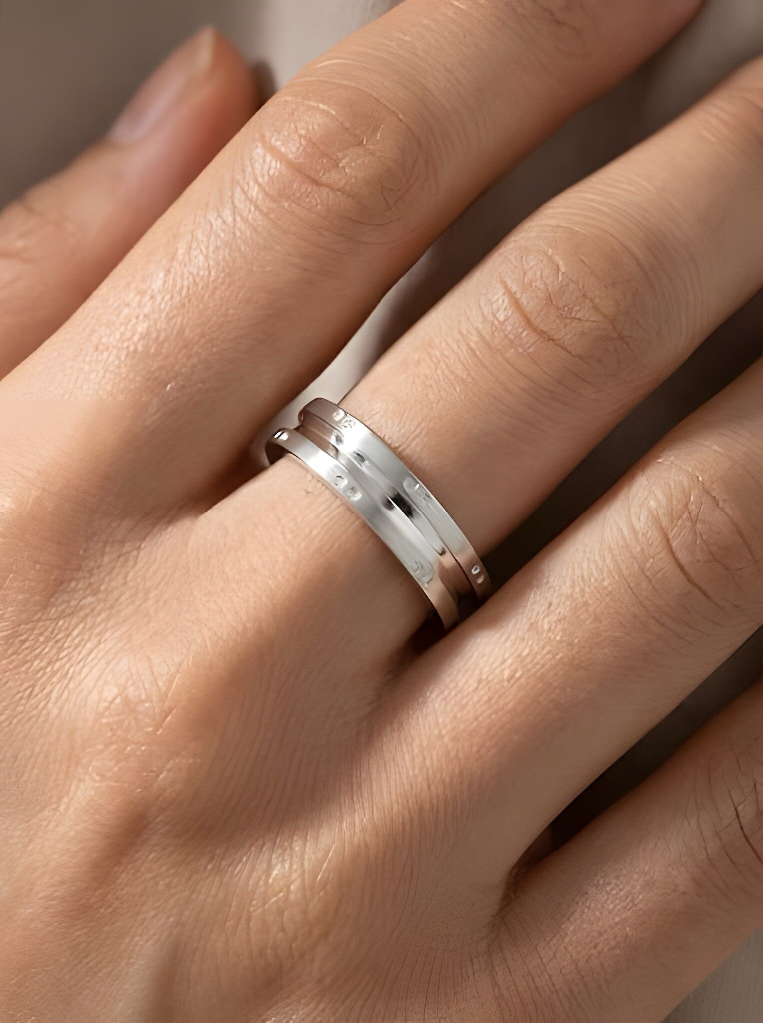 Modern 925 Italian Silver Matte Band Ring with Polished Groove &amp; Dot Accent