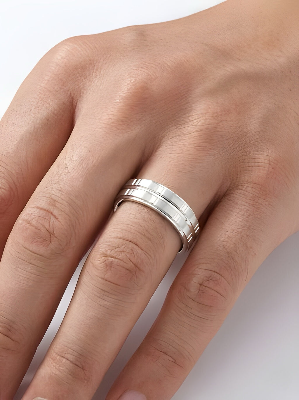 Contemporary 925 Italian Silver Matte Band Ring with Polished Geometric Cuts
