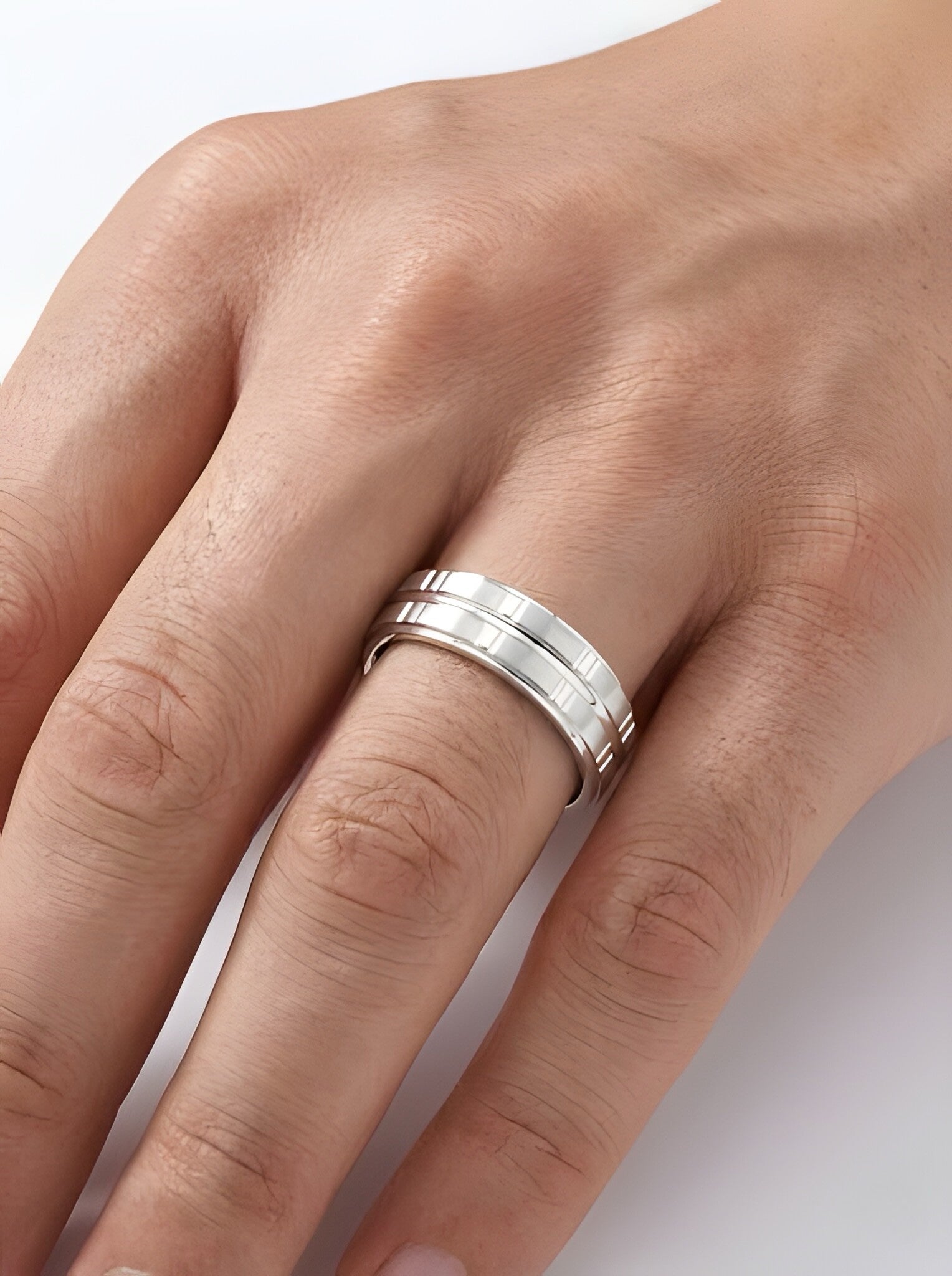 Contemporary 925 Italian Silver Matte Band Ring with Polished Geometric Cuts
