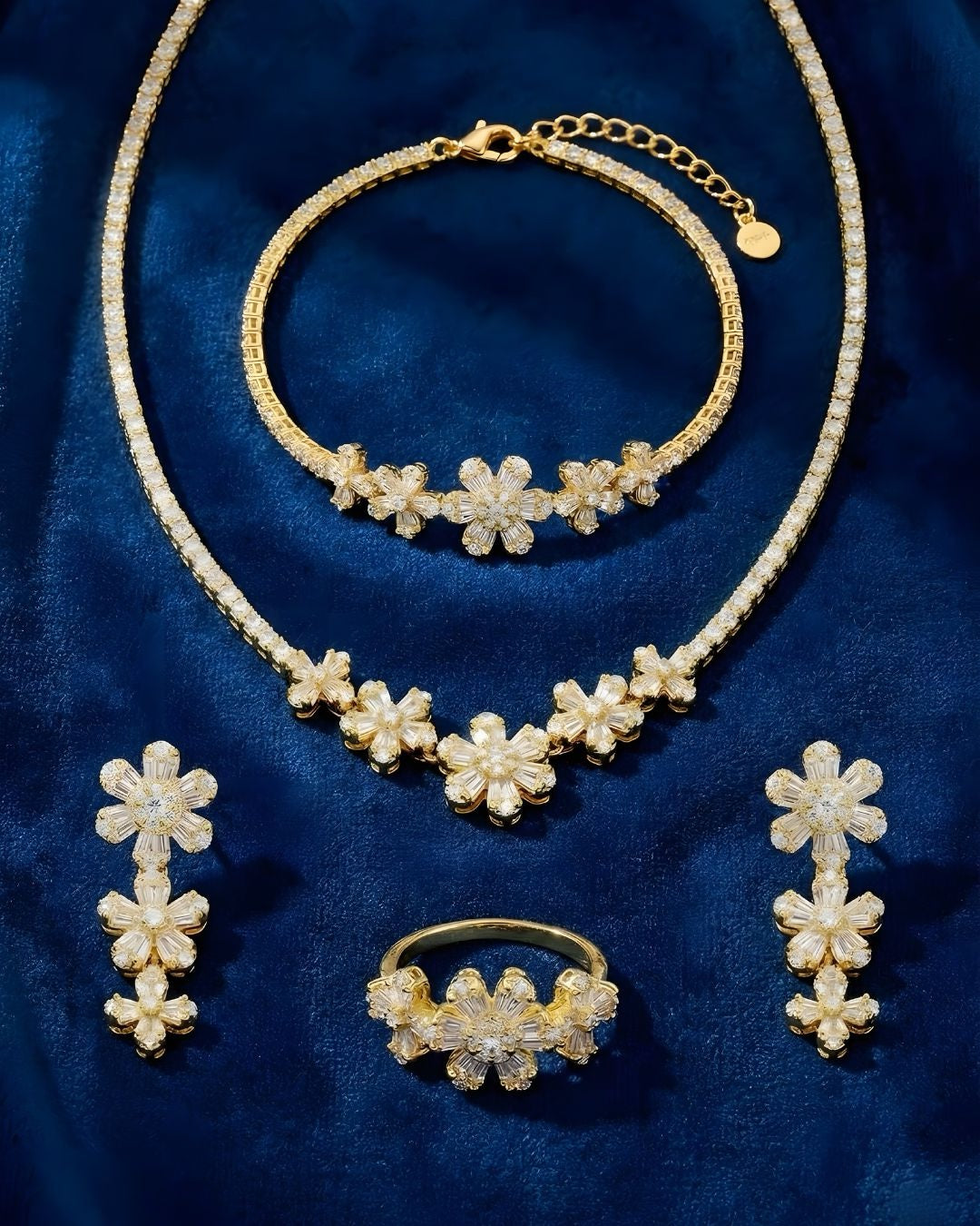 Exquisite 24.91g Gold Plated 925 Italian Silver Floral Tennis Jewellery Set
