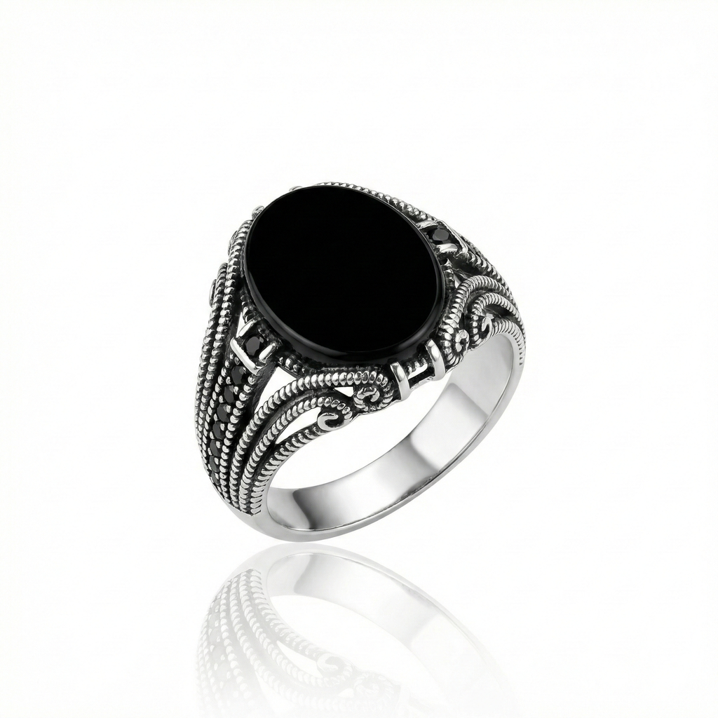 925 Italian Silver Men's Ring with Oval Black Onyx &amp; Vintage Rope Design