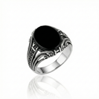 925 Italian Silver Men's Ring with Oval Black Onyx &amp; Vintage Rope Design