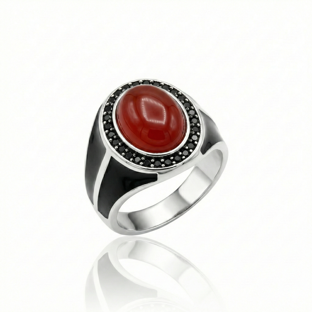 925 Italian Silver Men's Ring with Oval Red Agate (Aqeeq) &amp; Black Enamel
