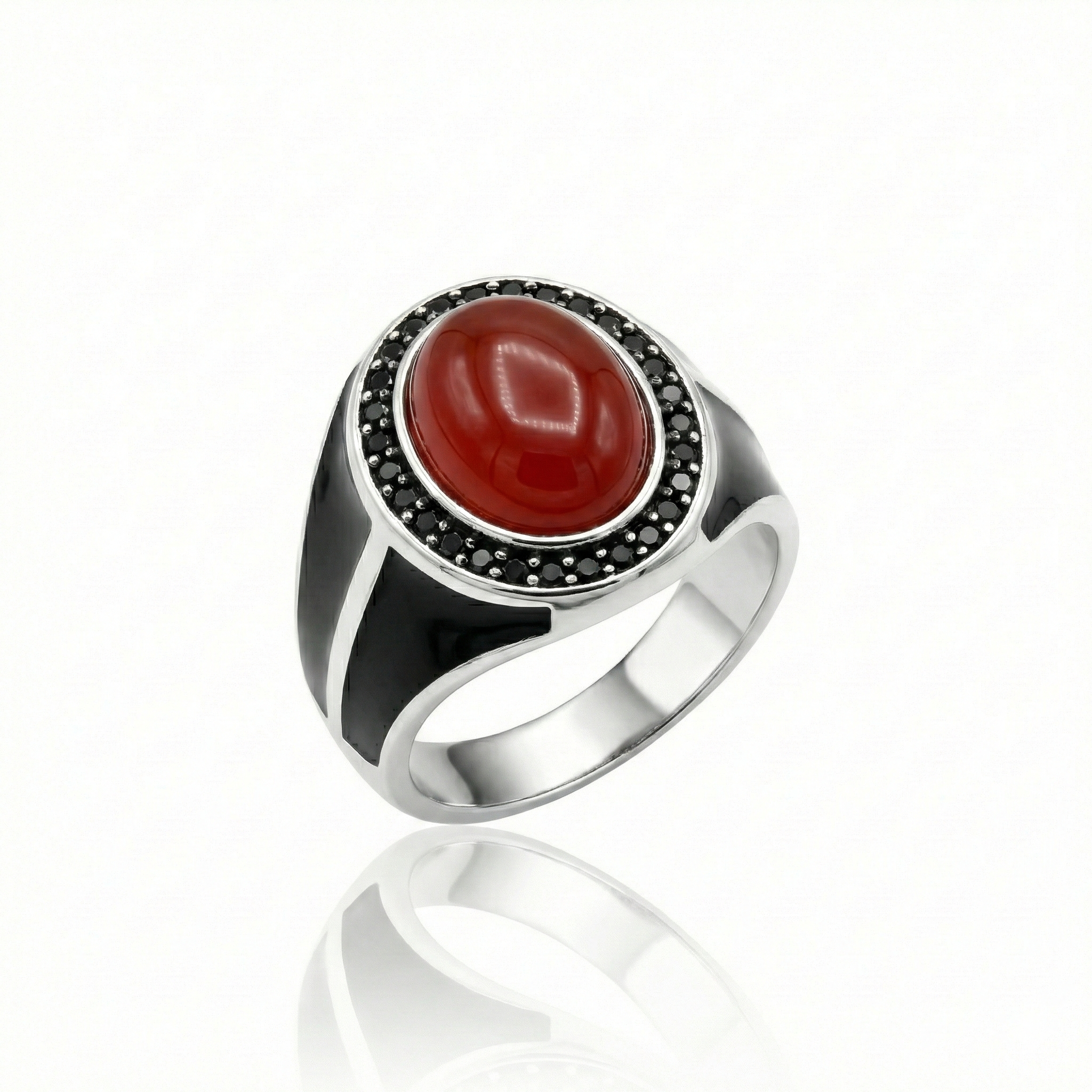 925 Italian Silver Men's Ring with Oval Red Agate (Aqeeq) &amp; Black Enamel
