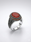 925 Italian Silver Men's Ring with Red Agate (Aqeeq) &amp; Intricate Dotted Detail