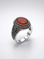 925 Italian Silver Men's Ring with Red Agate (Aqeeq) &amp; Intricate Dotted Detail