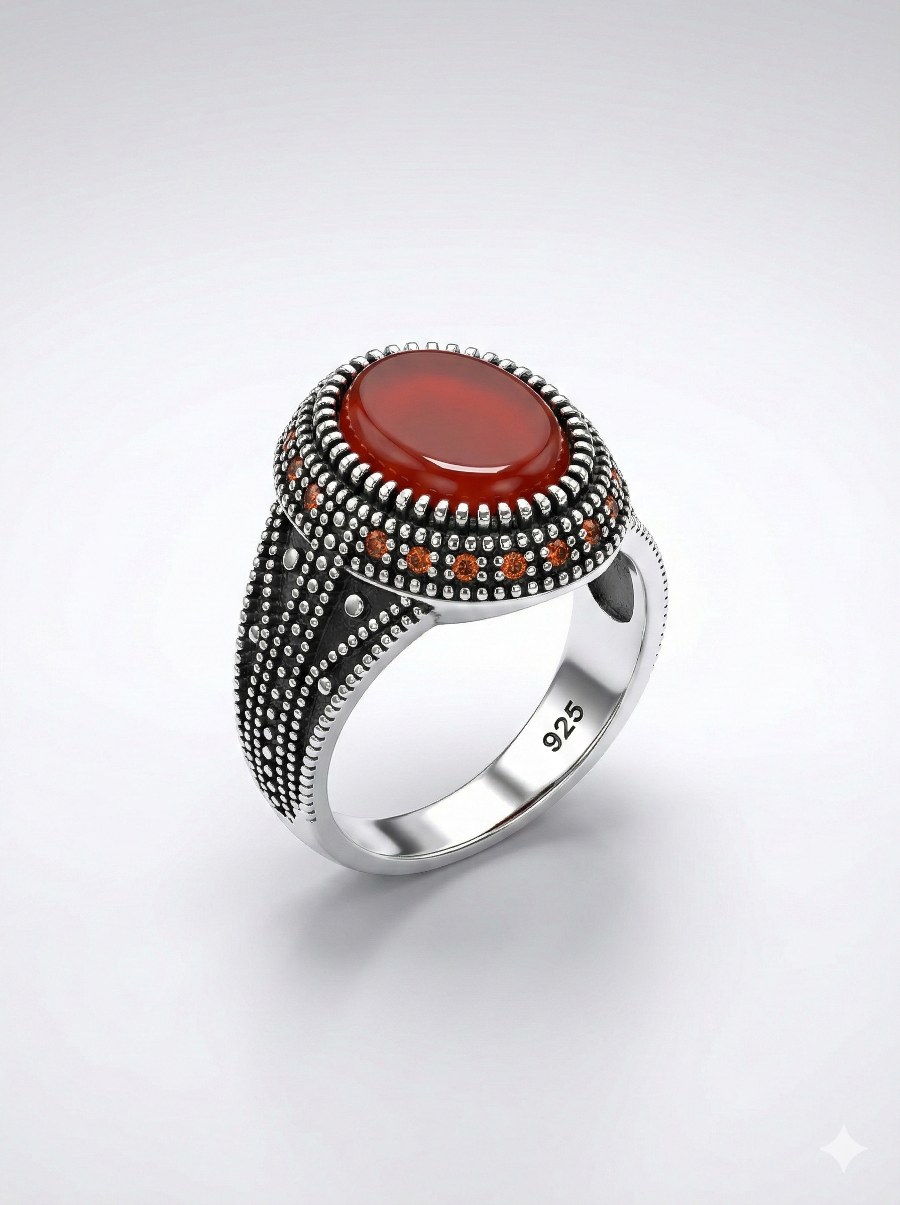 925 Italian Silver Men's Ring with Red Agate (Aqeeq) &amp; Intricate Dotted Detail
