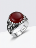 925 Italian Silver Men's Ring with Round Red Agate (Aqeeq) Stone