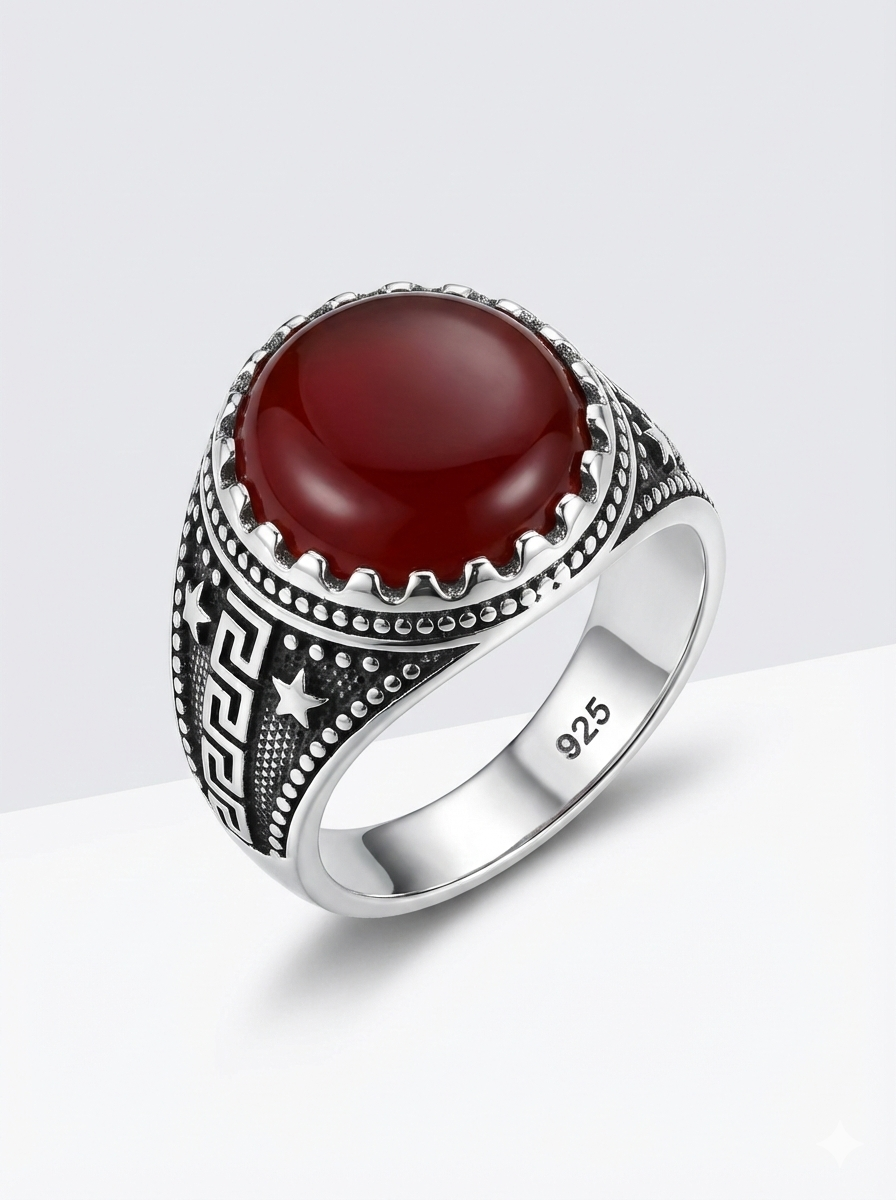 925 Italian Silver Men's Ring with Round Red Agate (Aqeeq) Stone