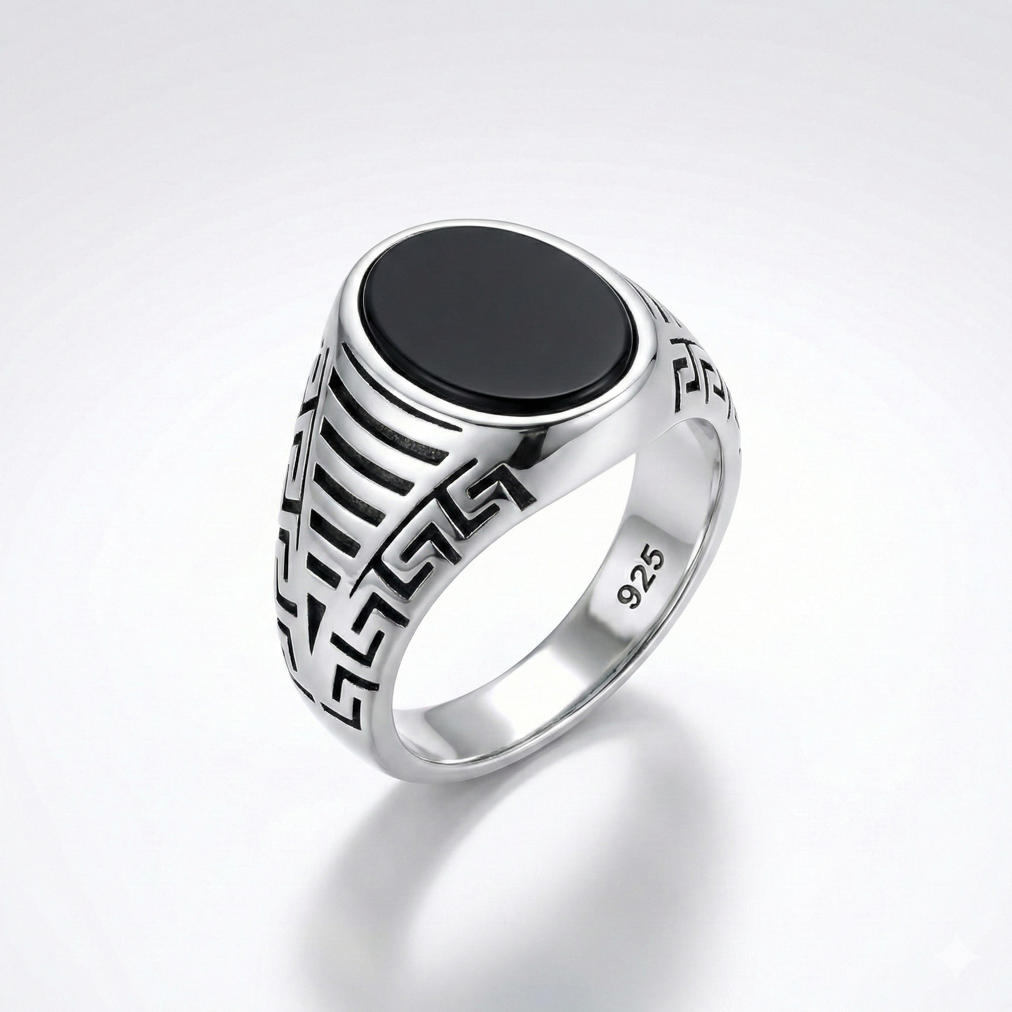 Italian Silver Men's Signet Ring with Flat Oval Black Stone