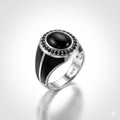 925 Italian Silver Men's Ring with Black Onyx Style Stone &amp; Enamel Inlay