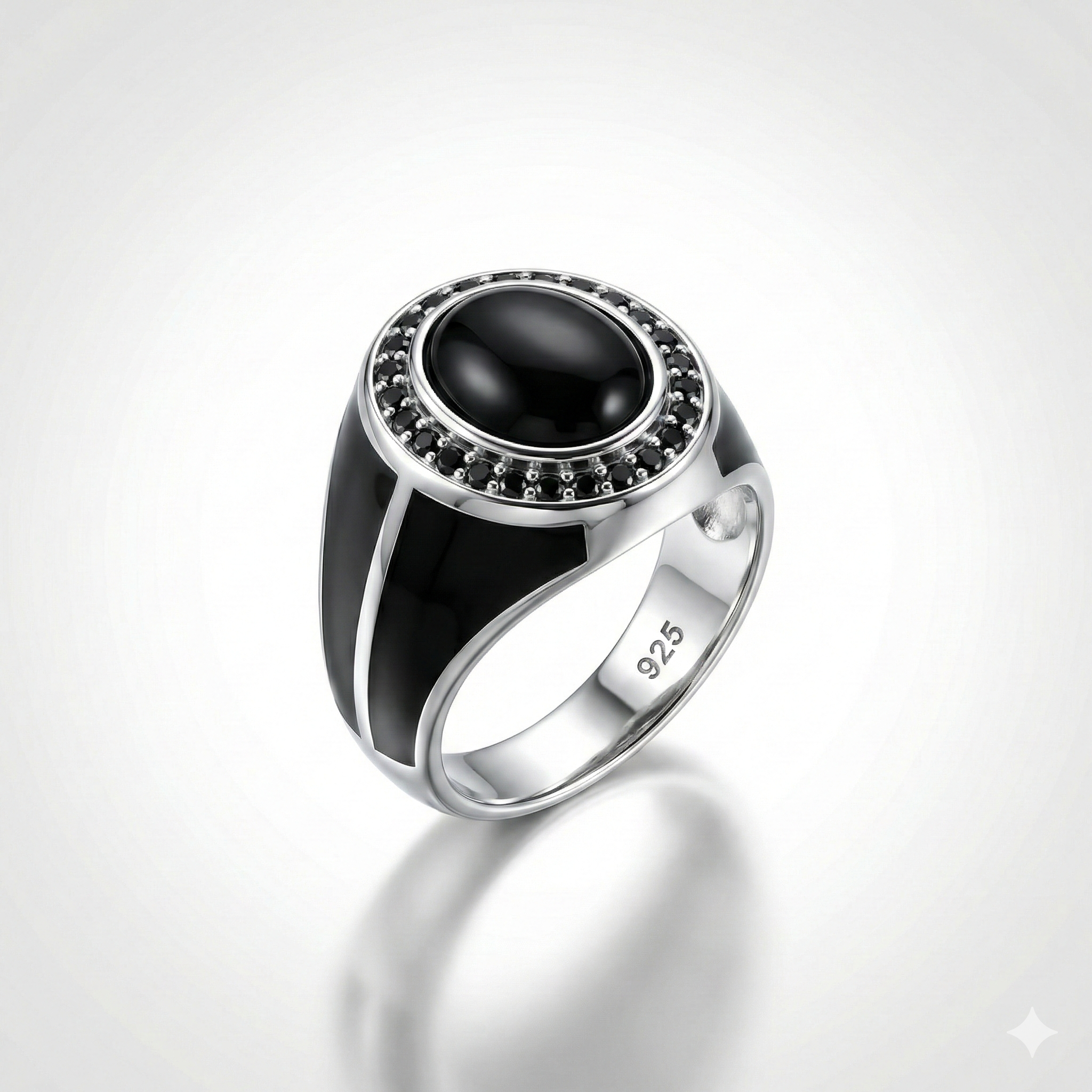 925 Italian Silver Men's Ring with Black Onyx Style Stone &amp; Enamel Inlay