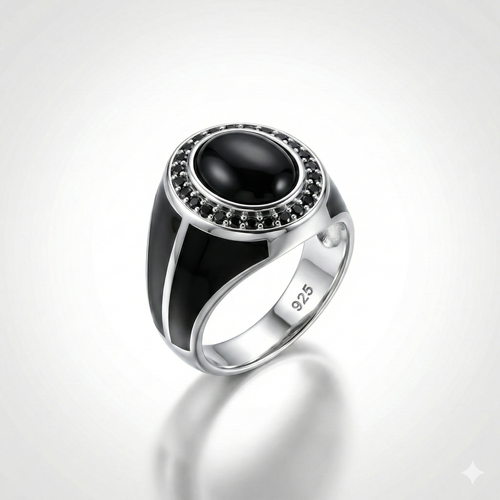 925 Italian Silver Men's Ring with Black Onyx Style Stone &amp; Enamel Inlay