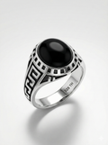 925 Italian Silver Men's Ring with Black Onyx Style Stone &amp; Greek Key Band