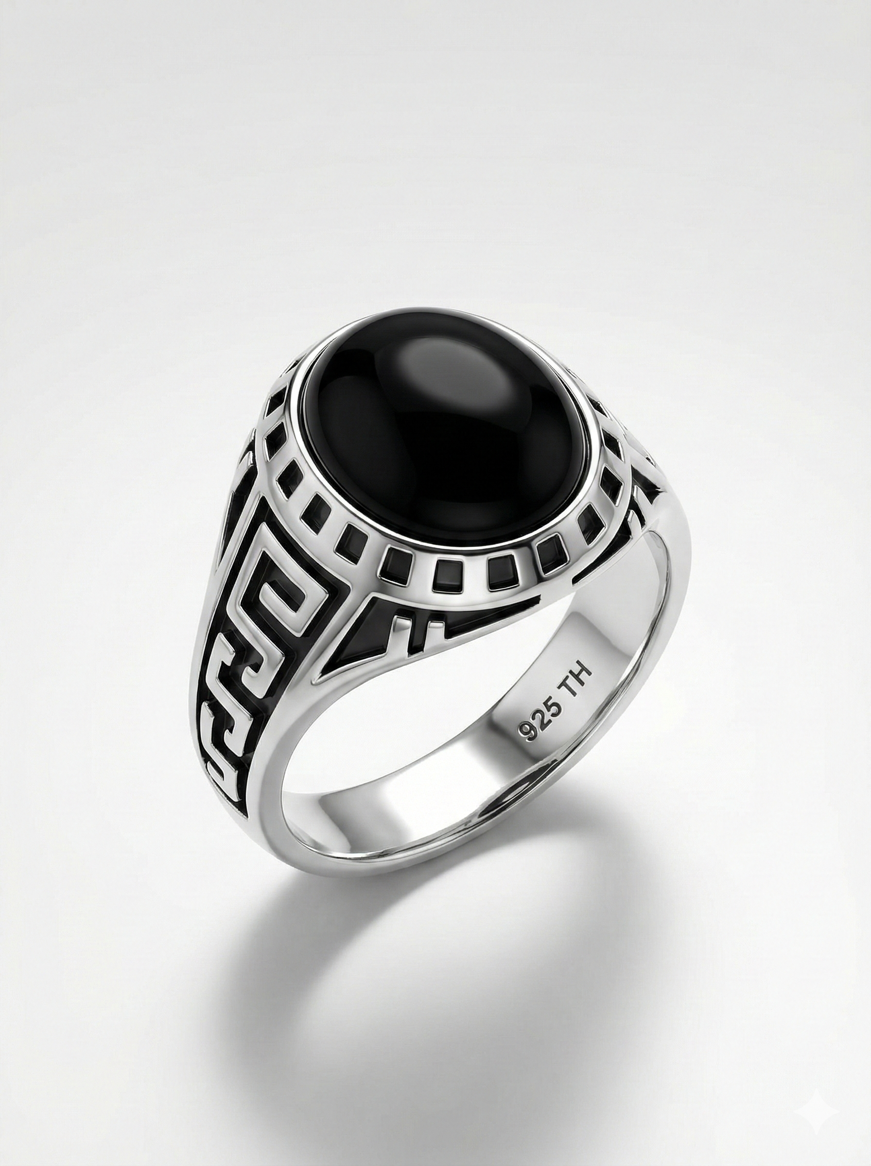 925 Italian Silver Men's Ring with Black Onyx Style Stone &amp; Greek Key Band