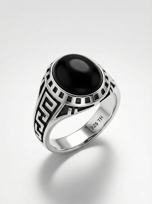 925 Italian Silver Men's Ring with Black Onyx Style Stone &amp; Greek Key Band