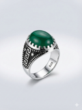925 Italian Silver Men's Ring with Round Green Agate Style Stone