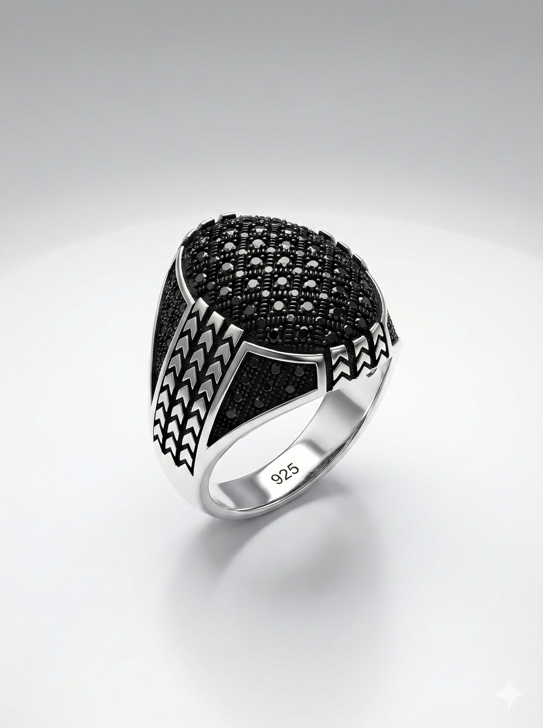 925 Italian Silver Men's Bold Ring with Full Pave Black Zircons - Size 8