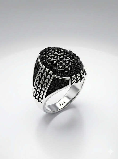 925 Italian Silver Men's Bold Ring with Full Pave Black Zircons - Size 8