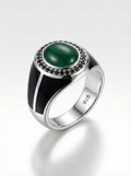 925 Italian Silver Men's Ring with Oval Green Agate Style Stone &amp; Black Enamel
