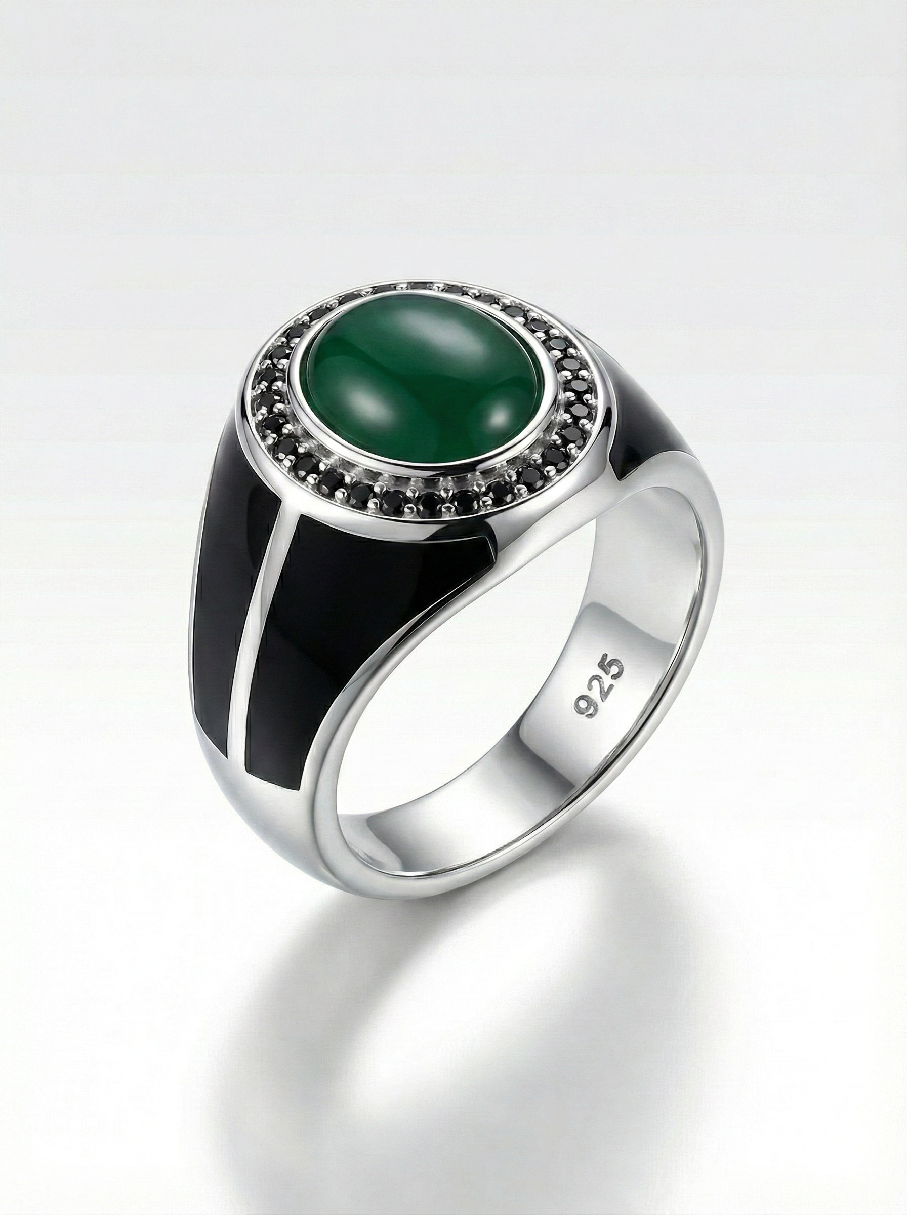 925 Italian Silver Men's Ring with Oval Green Agate Style Stone &amp; Black Enamel