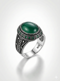 925 Italian Silver Men's Ring with Green Agate &amp; Intricate Dotted Detail