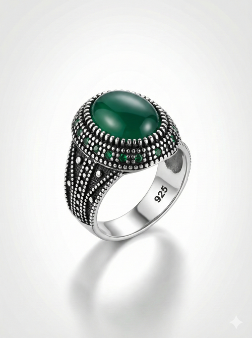 925 Italian Silver Men's Ring with Green Agate &amp; Intricate Dotted Detail