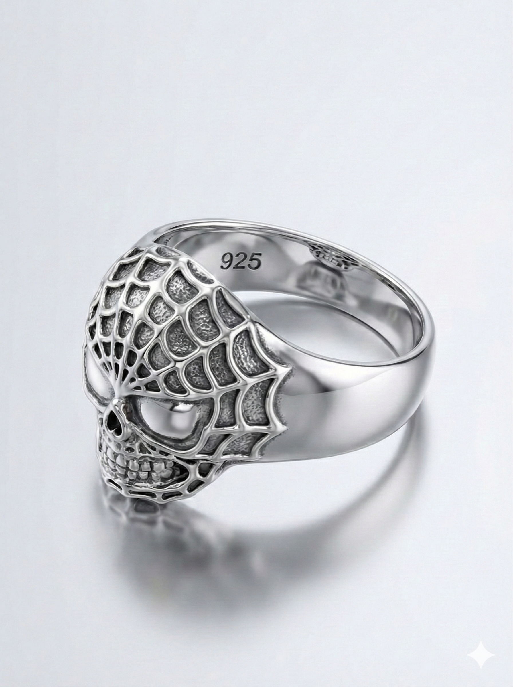 925 Italian Silver Men's Skull Ring with Spiderweb Detail - Size 9