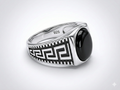 925 Italian Silver Men's Ring with Oval Black Stone &amp; Greek Key Pattern