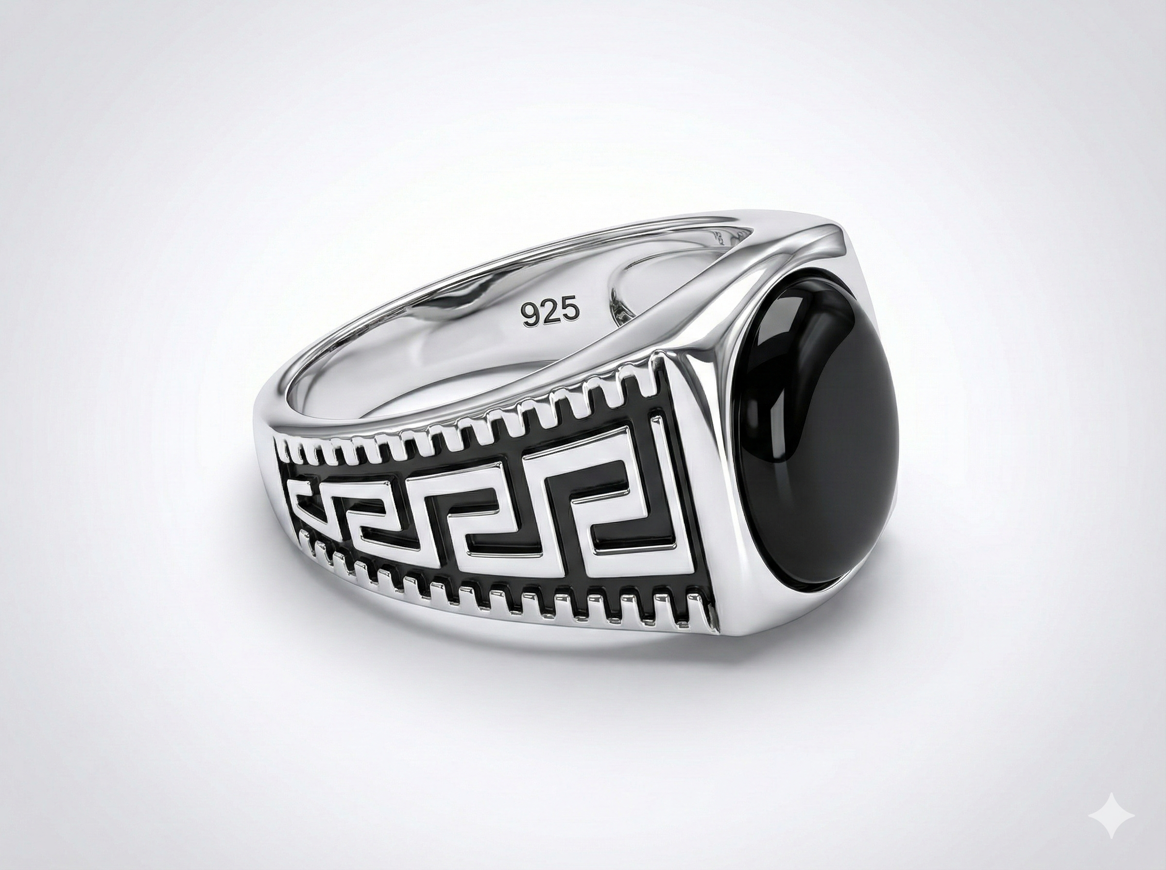 925 Italian Silver Men's Ring with Oval Black Stone &amp; Greek Key Pattern