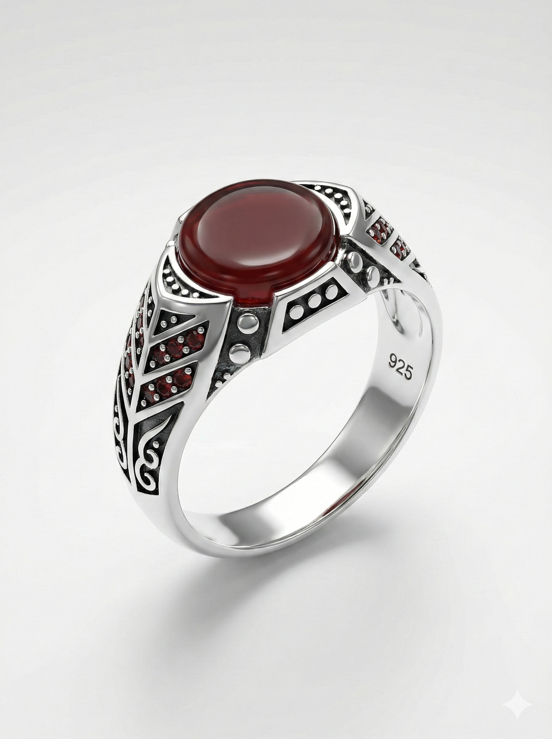925 Italian Silver Men's Ring with Round Red Agate &amp; Stylized Leaf Motif
