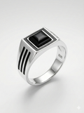 925 Italian Silver Men's Modern Square Ring with Black Onyx Style Stone &amp; Grooved Sides