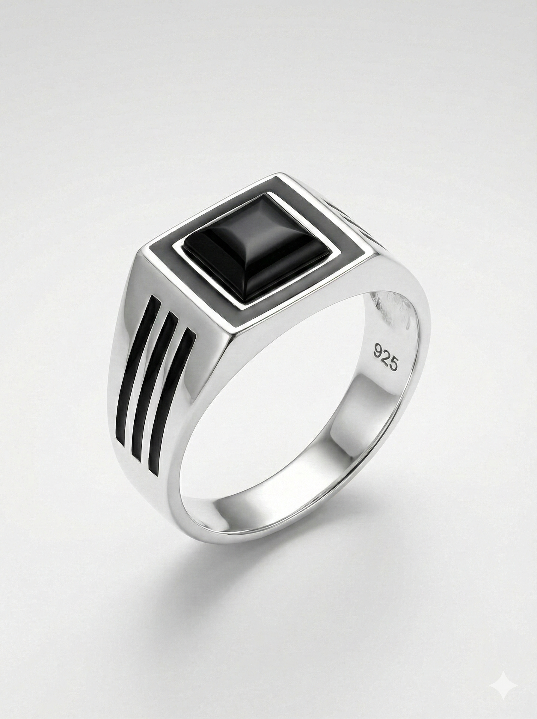 925 Italian Silver Men's Modern Square Ring with Black Onyx Style Stone &amp; Grooved Sides