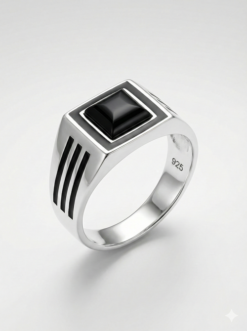 925 Italian Silver Men's Modern Square Ring with Black Onyx Style Stone &amp; Grooved Sides