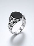 925 Italian Silver Men's Ring with Oval Black Onyx &amp; Geometric Star Motif
