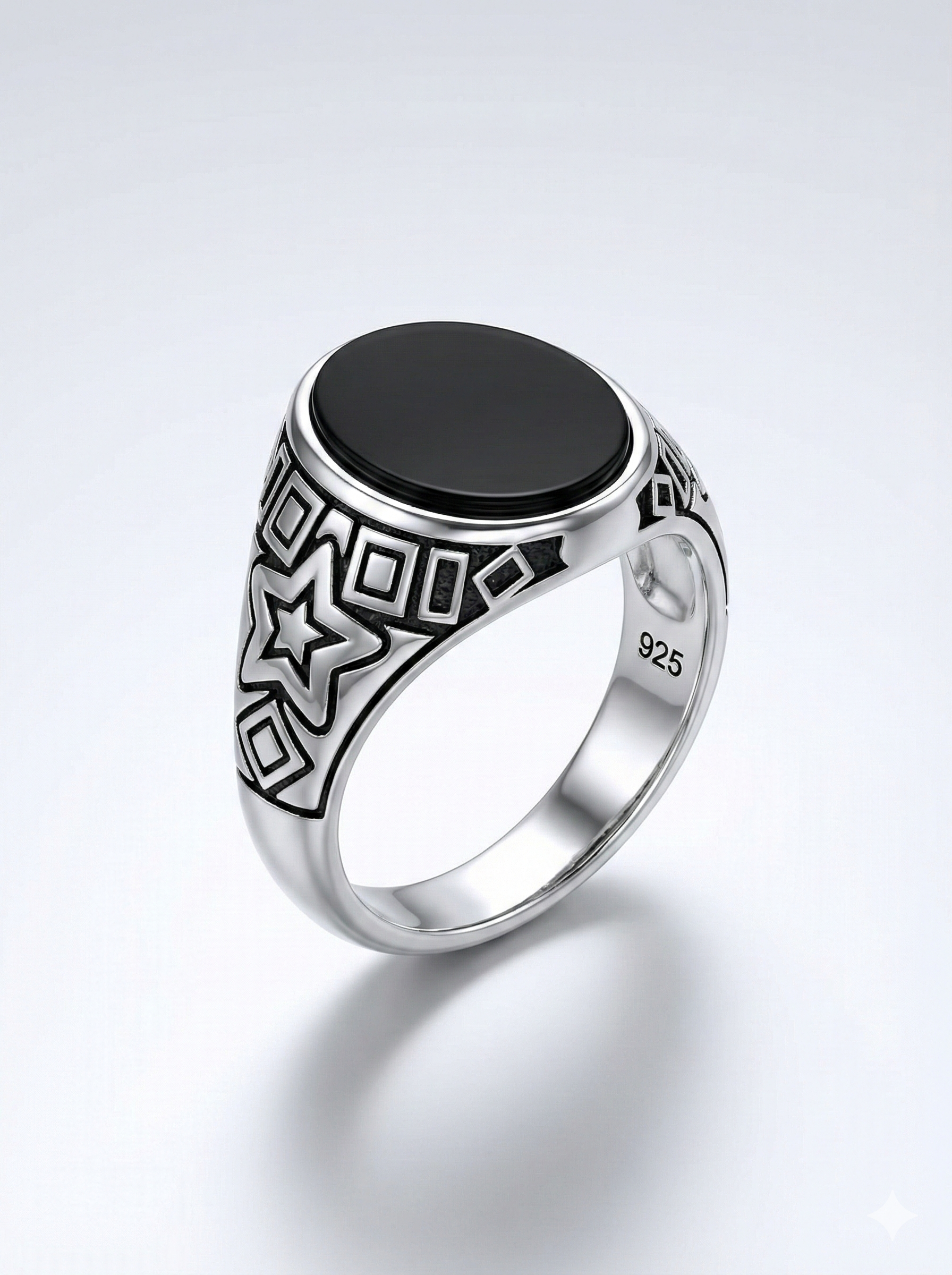 925 Italian Silver Men's Ring with Oval Black Onyx &amp; Geometric Star Motif