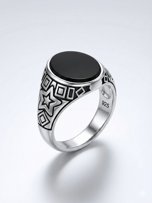 925 Italian Silver Men's Ring with Oval Black Onyx &amp; Geometric Star Motif