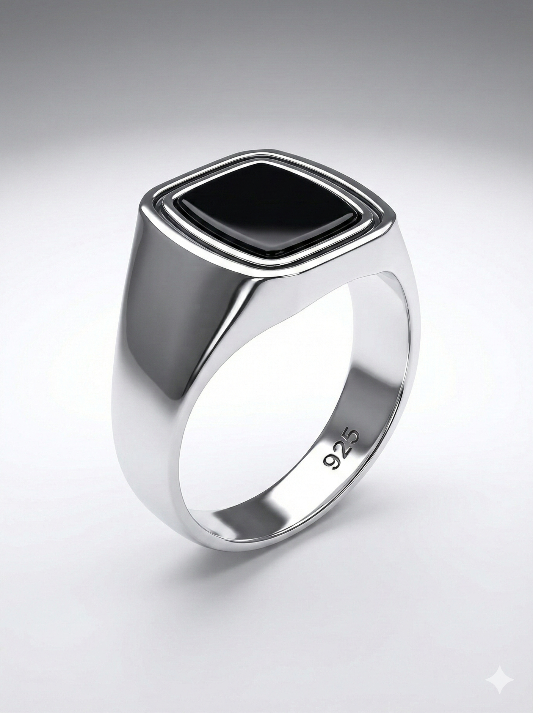 925 Italian Silver Men's Minimalist Square Ring with Black Onyx - Sleek &amp; Polished