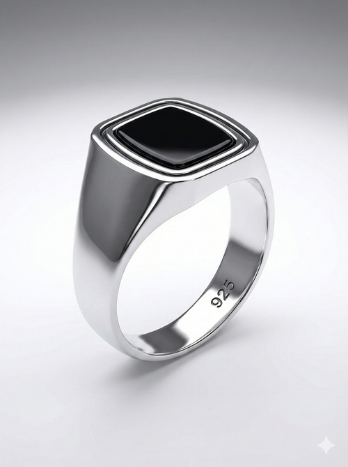 925 Italian Silver Men's Minimalist Square Ring with Black Onyx - Sleek &amp; Polished