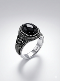 925 Italian Silver Men's Ring with Black Onyx &amp; Intricate Dotted Detail