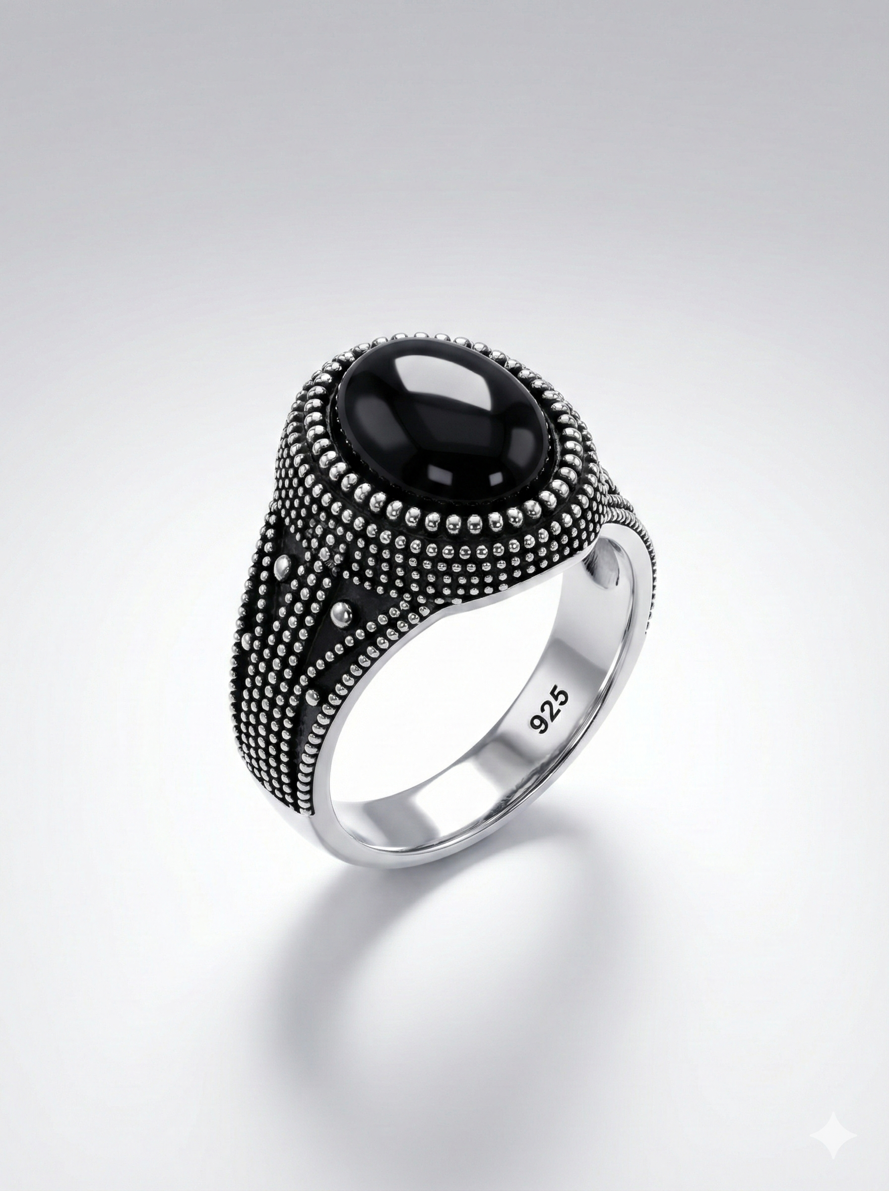 925 Italian Silver Men's Ring with Black Onyx &amp; Intricate Dotted Detail