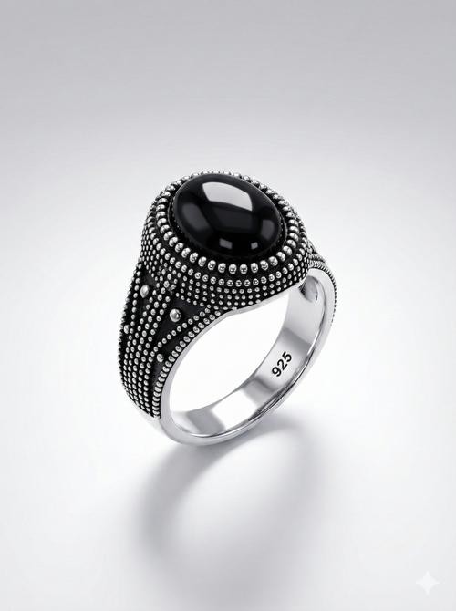 925 Italian Silver Men's Ring with Black Onyx &amp; Intricate Dotted Detail