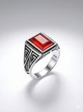 925 Italian Silver Men's Ring with Rectangular Red Agate (Aqeeq) &amp; Geometric Detail