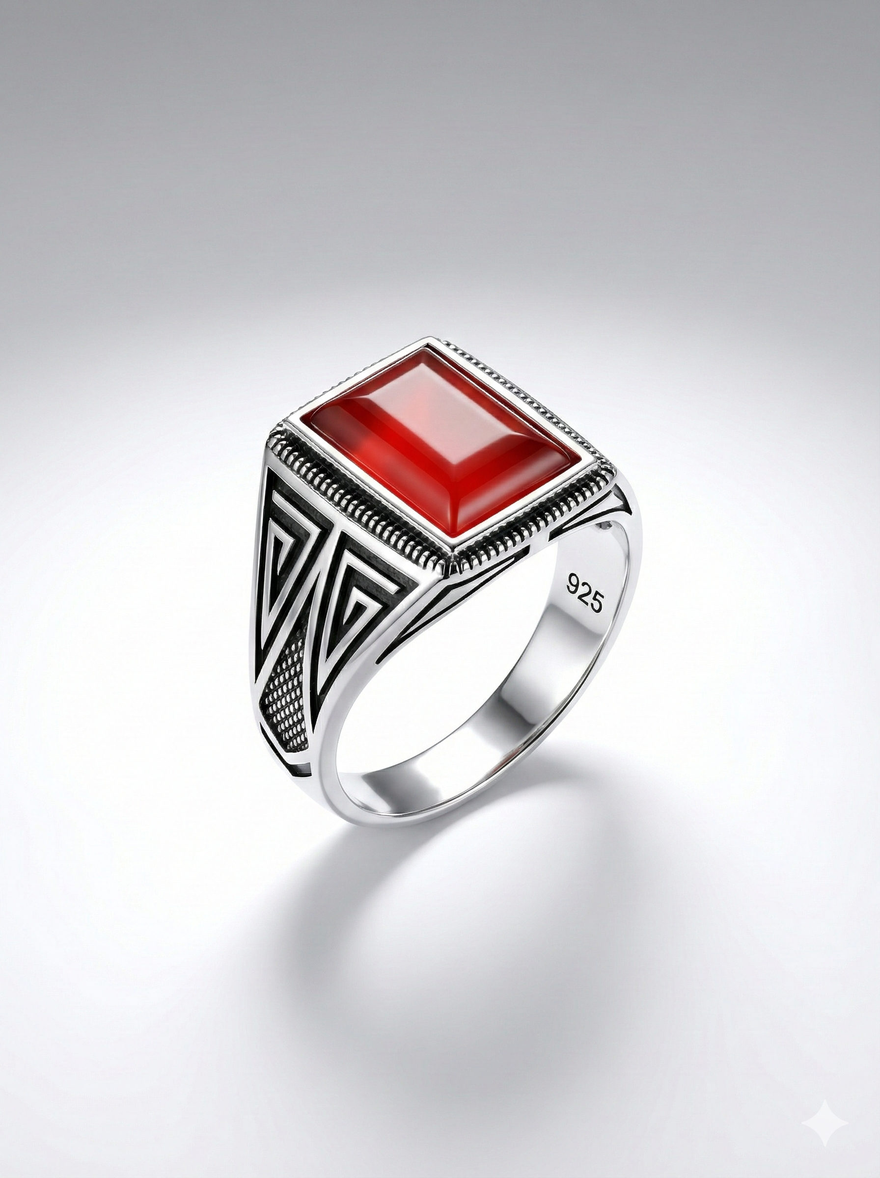 925 Italian Silver Men's Ring with Rectangular Red Agate (Aqeeq) &amp; Geometric Detail