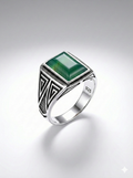 925 Italian Silver Men's Ring with Rectangular Green Stone &amp; Geometric Detail