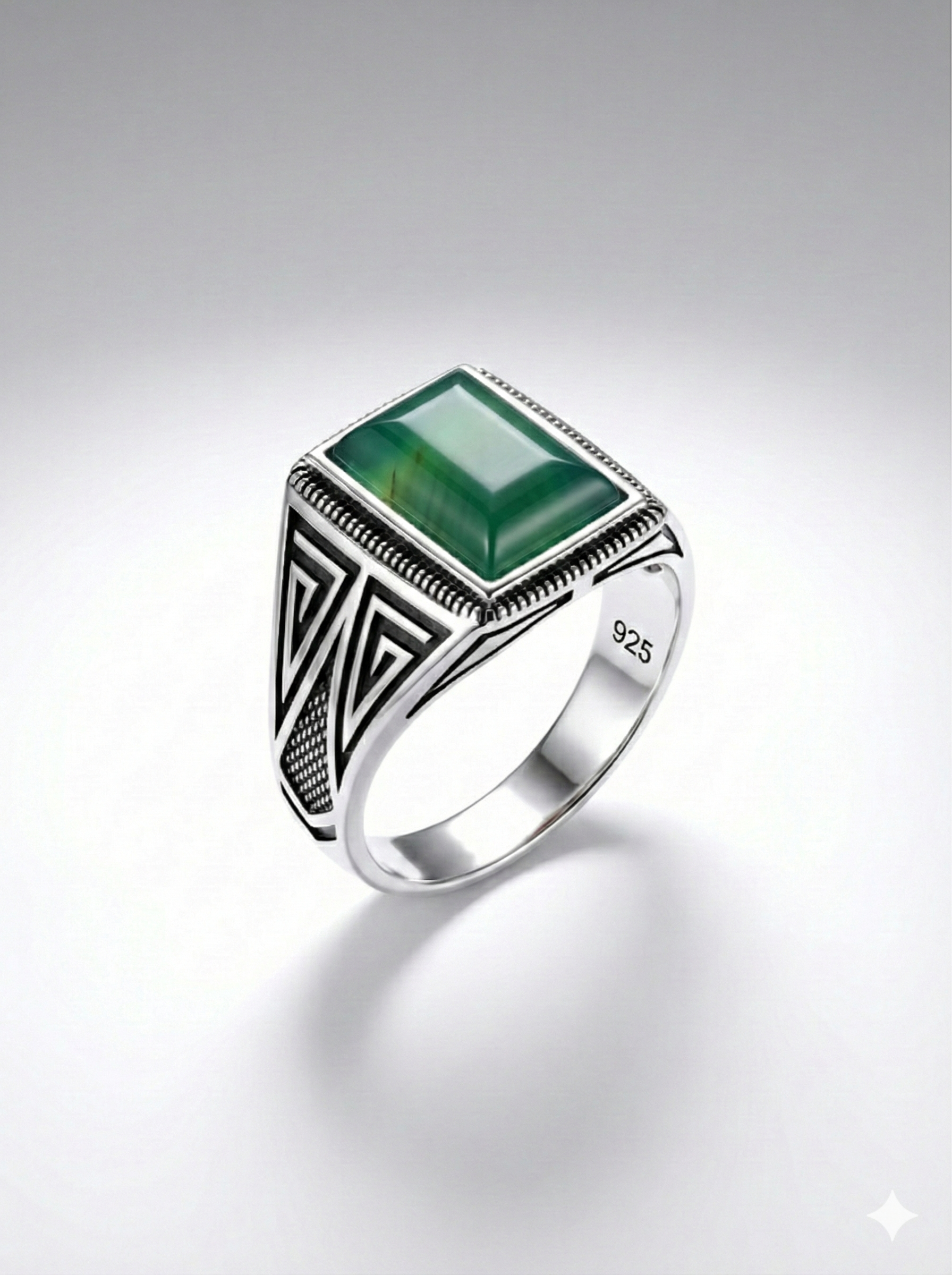 925 Italian Silver Men's Ring with Rectangular Green Stone &amp; Geometric Detail